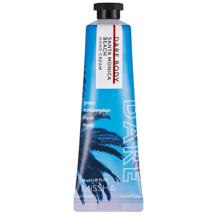 Missha Dare Body Santa Monica Beach Hand Cream 30 ml mykgjørende håndkrem i blå tube med palmemotiv og sort skrukork