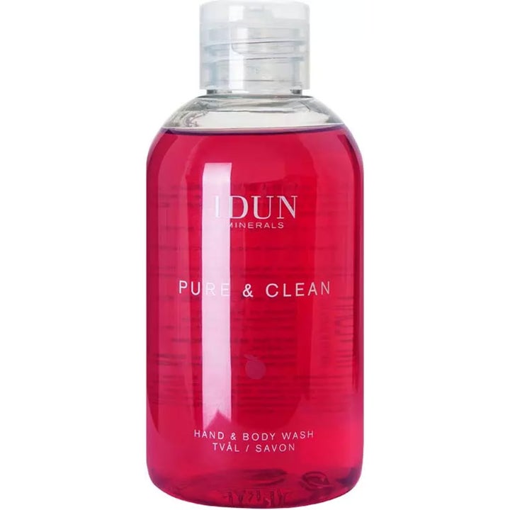 Idun Minerals Pure & Clean Hand & Body Wash rensende kroppssåpe i gjennomsiktig flaske med rosa innhold og klart lokk