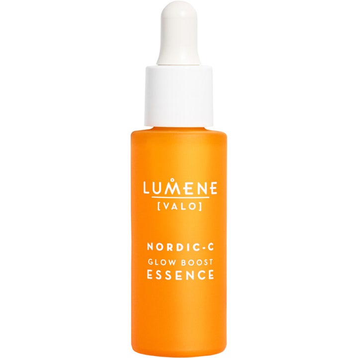 Lumene Nordic-C Glow Boost Essence 30 ml glødgivende serum i en frostet oransje glassflaske med hvit pipette.