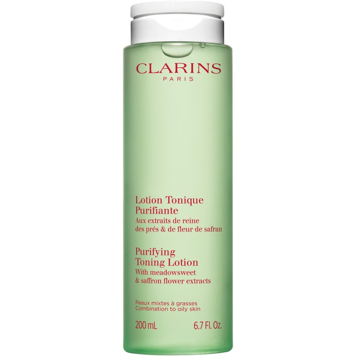 Clarins Purifying Toning Lotion 200 ml rensende ansiktsvann i en grønn transparent flaske med hvitt lokk