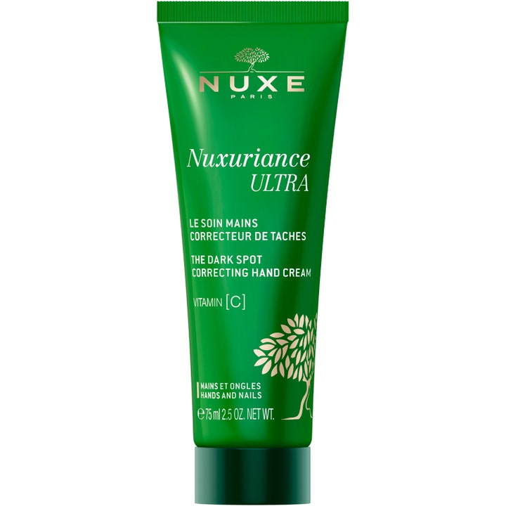 Nuxe Nuxuriance Ultra 75 ml håndkrem mot pigmentflekker i grønn tube med Vitamin C og gullfargede detaljer
