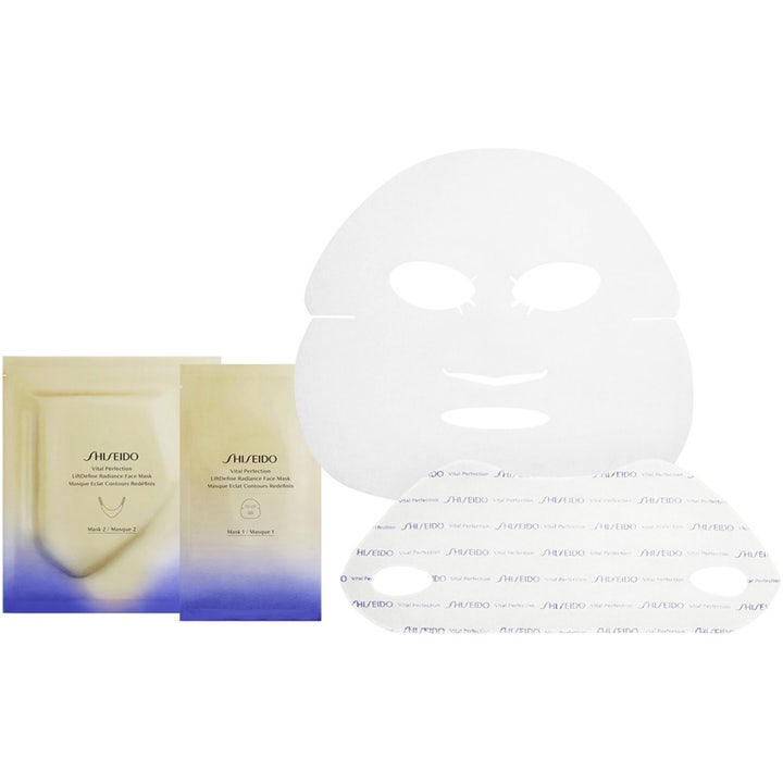 Shiseido Vital Perfection LiftDefine Radiance Face Mask oppstrammende ansiktsmaske med gullposer og hvite arkmasker