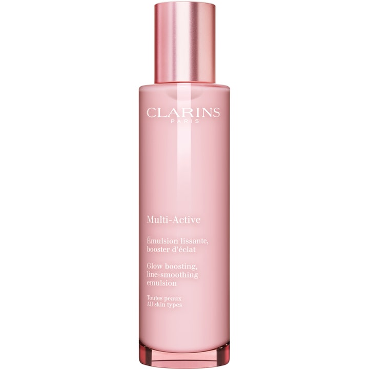 Clarins Multi-Active Emulsion 100 ml glødgivende ansiktsemulsjon i en slank rosa flaske med rosa metallkork.