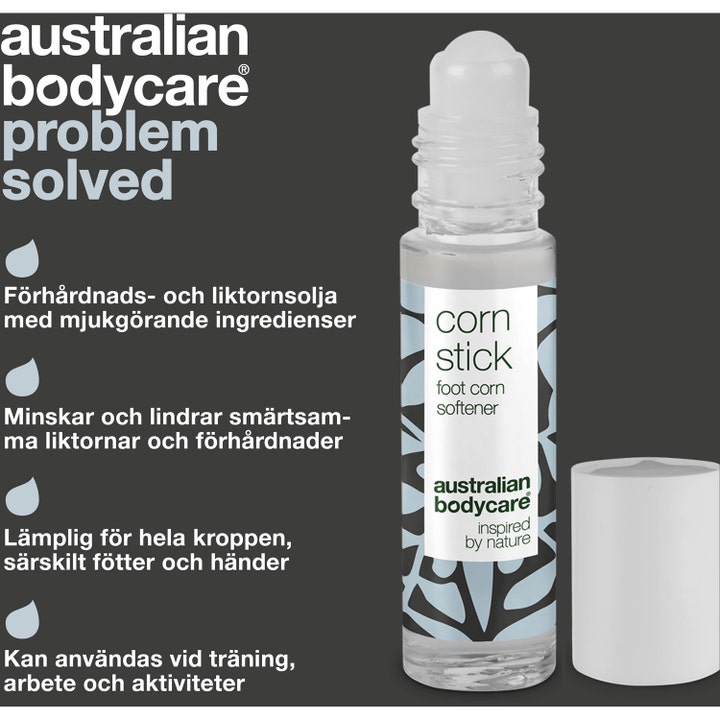 Australian Bodycare Corn Stick 9 ml fotpleie roll-on mykgjør liktorn i klar flaske med hvitt lokk og mønster