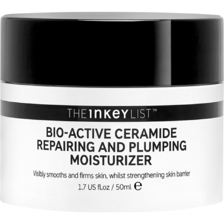 The Inkey List Bio-Active Ceramide Repairing and Plumping Moisturizer 50 ml fuktighetskrem i hvit krukke med sort lokk