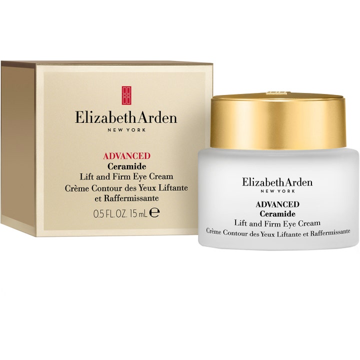 Elizabeth Arden Ceramide Lift & Firm Advanced Eye Cream 15 ml oppstrammende øyekrem i hvit krukke med gulllokk