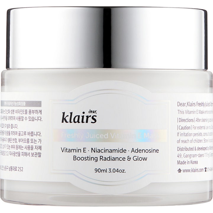 Klairs Freshly Juiced Vitamin E Mask 90ml glødgivende ansiktsmaske i hvit krukke med skinnende sølvlokk.