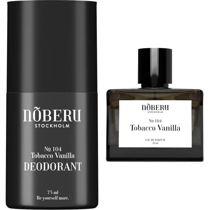 Nõberu Tobacco Vanilla 75 ml og 50 ml parfyme og deodorant i sort sylindrisk hylse og firkantet glassflaske