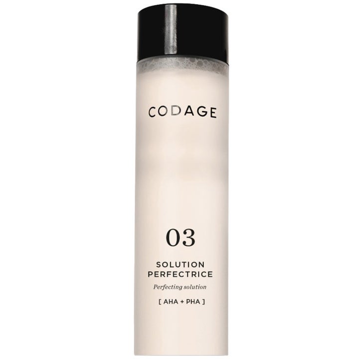 Codage 03 Solution Perfectrice eksfolierende ansiktsvann med AHA og PHA i frostet flaske med sort kork for glød.