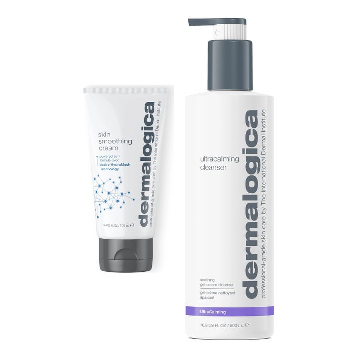 Dermalogica Ultracalming Cleanser og Skin Smoothing Cream sett med beroligende rens og fuktighetskrem på tube.