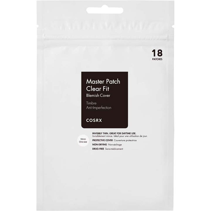 COSRX Master Patch Clear Fit 18 stk kviselapper som beskytter og dekker urenheter i hvit plastpose med sort etikett