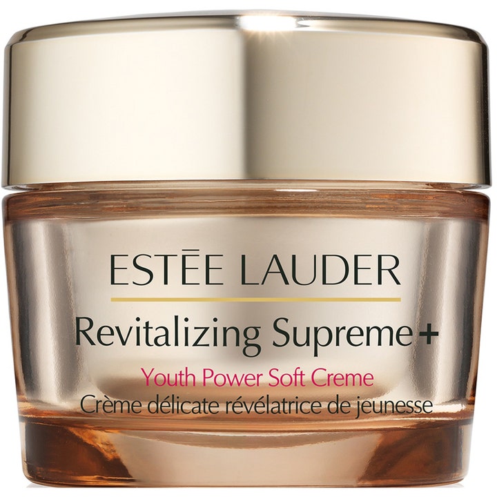 Estée Lauder Revitalizing Supreme+ Youth Power Soft Creme ansiktskrem i en elegant gullfarget glasskrukke med metallokk.