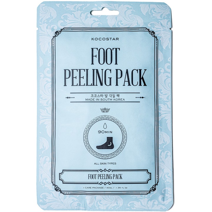 Kocostar Foot Peeling Pack 40ml eksfolierende fotmaske fjerner død hud i lyseblå pose med hvitt mønster