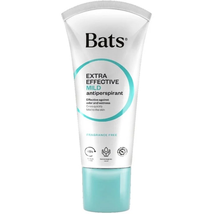 Bats Extra Effective Mild Antiperspirant 60 ml som motvirker svette og lukt i hvit tube med lyseblå kork og detaljer