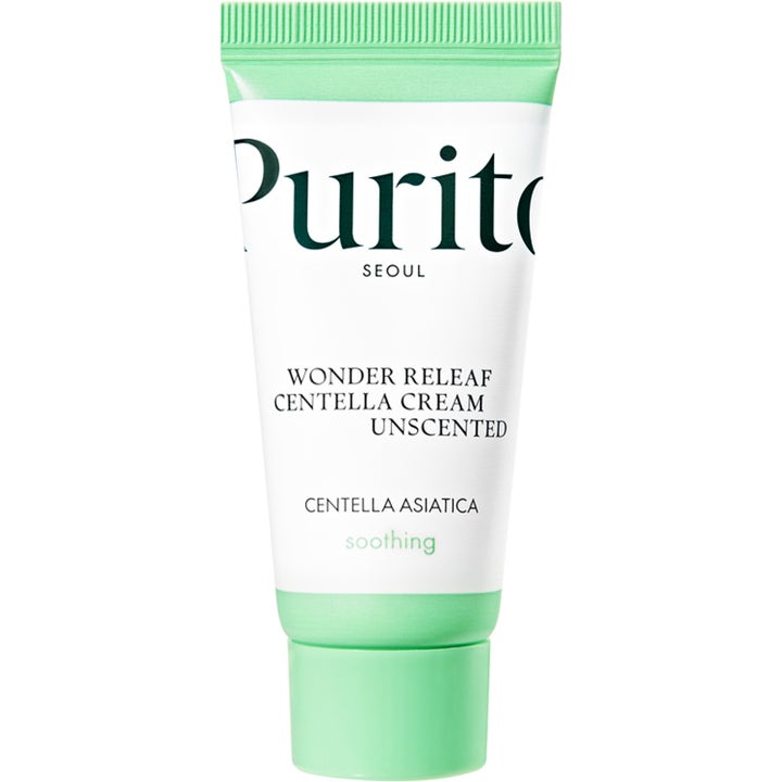 Purito Seoul Wonder Releaf Centella Cream Unscented beroligende ansiktskrem i hvit tube med lysegrønn kork