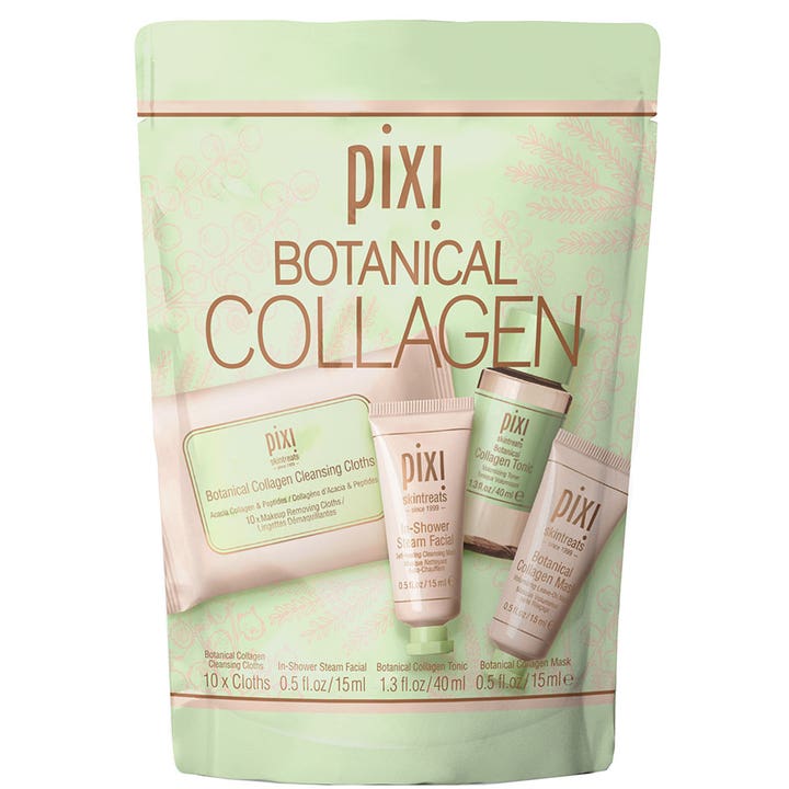 Pixi Botanical Collagen 4 deler hudpleiesett for glød i lysegrønn pose med ansiktsservietter, toner og ansiktsmaske.