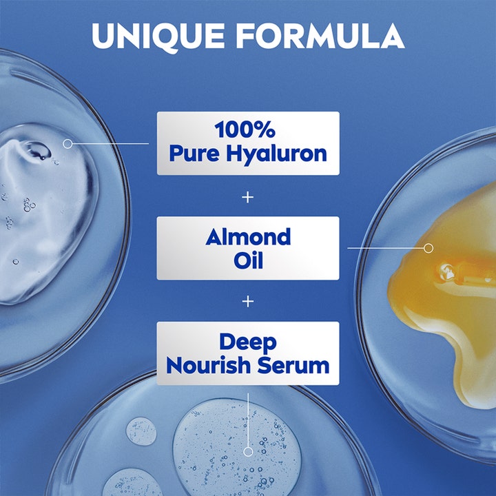NIVEA Rich Nourishing Body Lotion 250 ml med hyaluron og mandelolje viser ingredienser i petriskåler