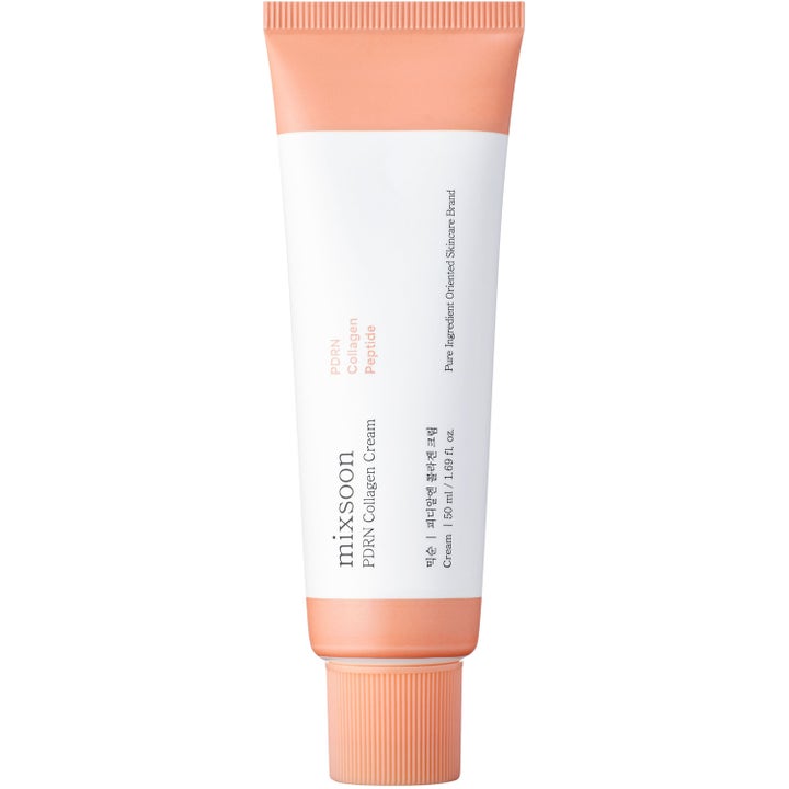 Mixsoon PDRN Collagen Cream 50 ml oppstrammende ansiktskrem i hvit tube med aprikosfargede detaljer og rillet kork