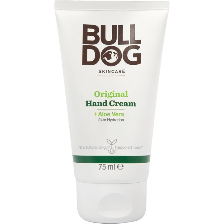 Bulldog Original Hand Cream 75 ml fuktighetsgivende håndkrem med aloe vera i hvit tube med grønne detaljer