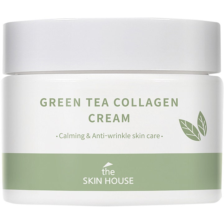 The Skin House Green Tea Collagen Cream som gir beroligende pleie i en hvit krukke med grønn stripe
