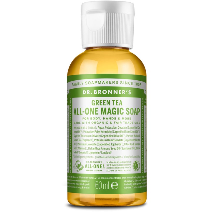 Dr. Bronner's Green Tea All-One Magic Soap 60 ml rensende såpe som gir en frisk følelse i klar flaske med hvit kork