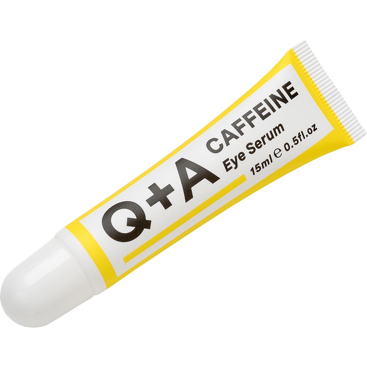 Q+A Caffeine Eye Serum 15 ml oppstrammende øyeserum mot mørke ringer i gul og hvit tube med hvit hette