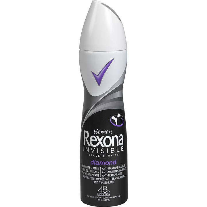 Rexona Invisible Black + White Diamond 150 ml antiperspirant spray i svart og hvit flaske med lilla detaljer