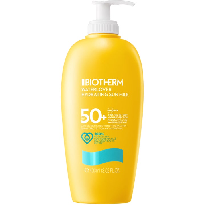 Biotherm Waterlover Hydrating Sun Milk 400ml fuktighetsgivende solkrem i gul plastflaske med hvit pumpe