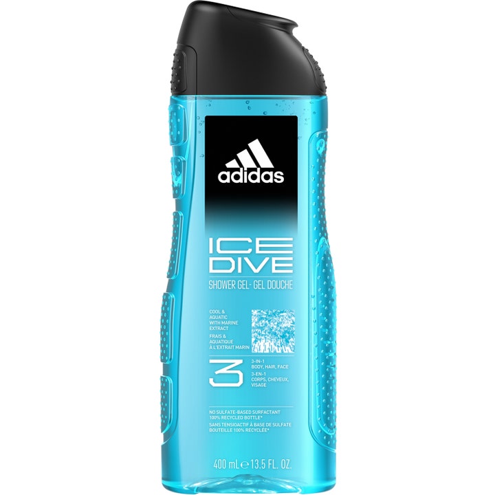 Adidas Ice Dive 400 ml forfriskende dusjsåpe med marint ekstrakt i en blå gjennomsiktig flaske med svart kork