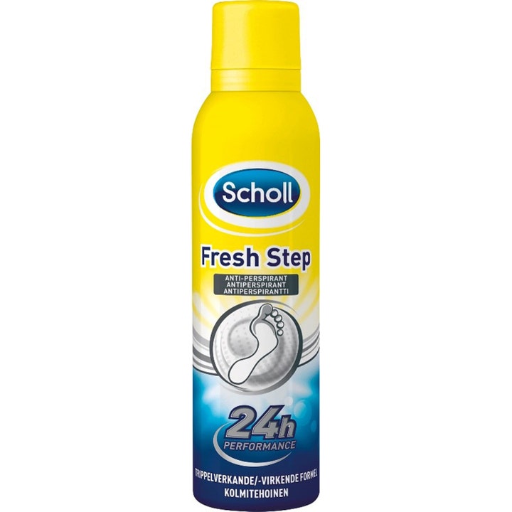 Scholl Fresh Step anti-perspirant fotspray gir friske føtter i en gul sprayflaske med gult lokk og fotmotiv.