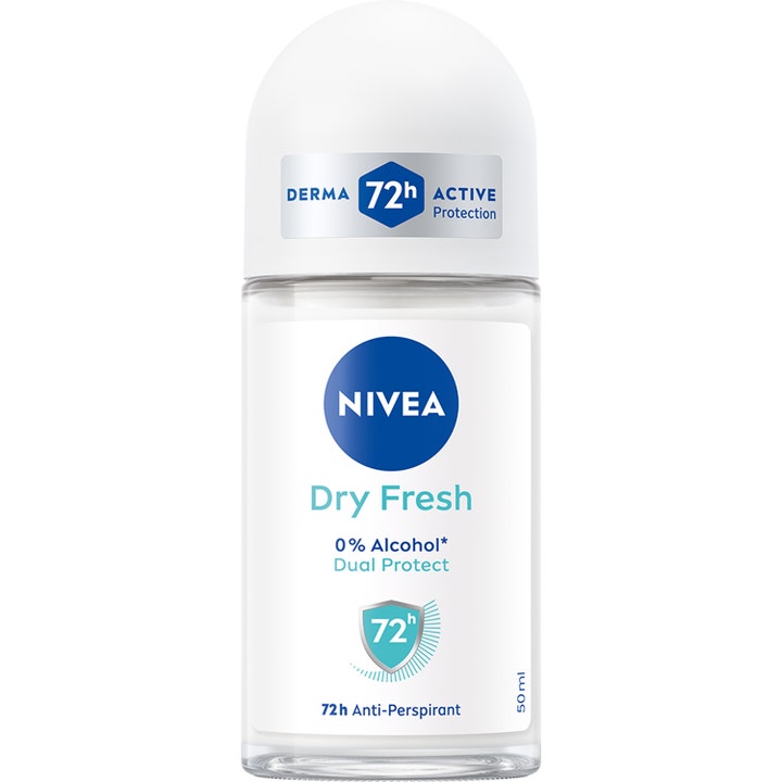 Nivea Dry Fresh 50 ml roll-on antiperspirant gir 72 timers beskyttelse i en klar glassflaske med hvit kork