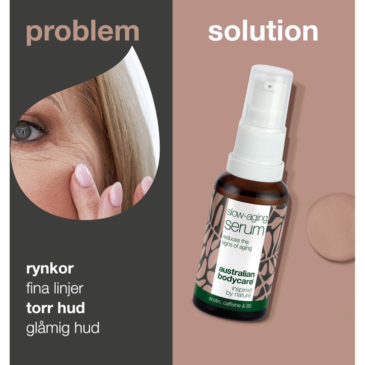 Australian Bodycare Slow Anti-Age Serum 30 ml mot rynker og tørr hud i brun glassflaske med hvit pumpe.