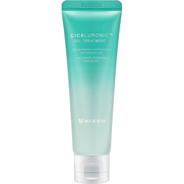 Mizon Cicaluronic Gel Treatment beroligende ansiktsgel som gir fukt til huden i en mintgrønn tube med hvitt lokk