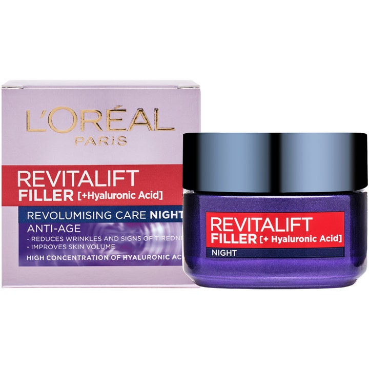 L'Oréal Paris Revitalift Filler Night nattkrem med hyaluronsyre som gir volum i lilla metallisk glasskrukke og eske
