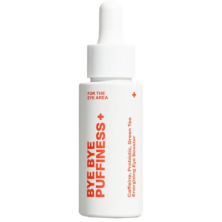 Bye Bye Puffiness + Energizing Eye Booster oppfriskende øyeserum i hvit flaske med hvit pipette og oransje tekst.