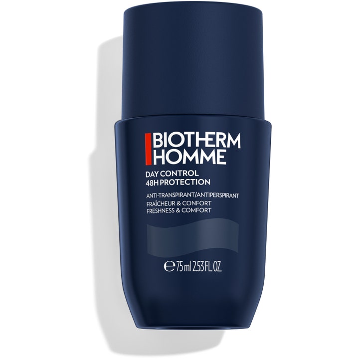 Biotherm Homme Day Control 48H Protection 75 ml antiperspirant gir friskhet i en mørkeblå beholder med hvit tekst.