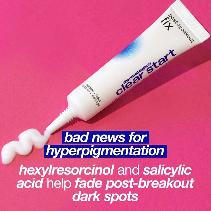 Dermalogica Post-Breakout Fix 15 ml mot hyperpigmentering med salisylsyre og hvit krem på rosa bakgrunn