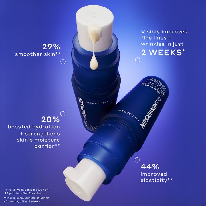 Ole Henriksen Transform Retinol Serum 30 ml mot rynker viser blå pumpeflasker og tekst om 29% glattere hud.