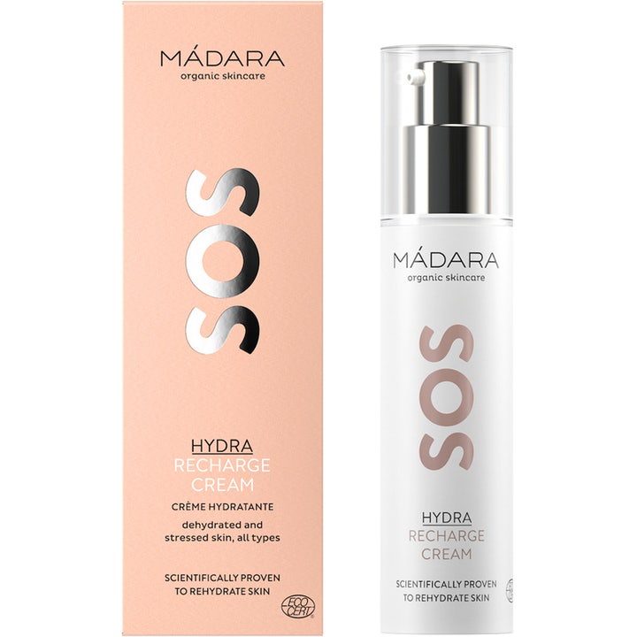 MÁDARA SOS Hydra Recharge Cream 50 ml fuktighetsgivende ansiktskrem i hvit pumpeflaske og ferskenfarget eske