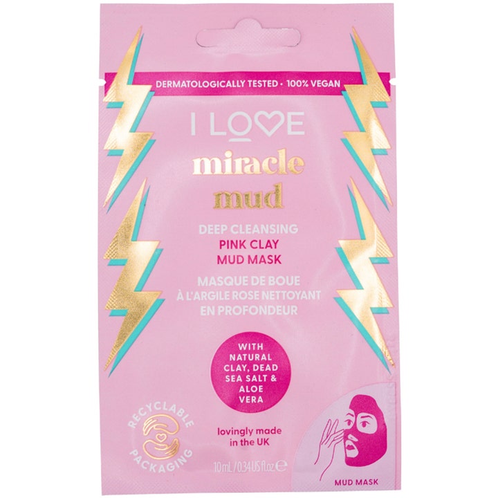 I LOVE Miracle Mud Pink Clay Mud Mask 10 ml dyptrensende leiremaske i rosa pose dekorert med gullfargede lyn