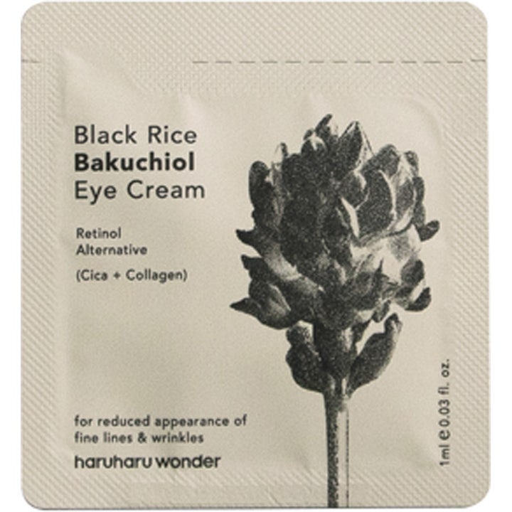 haruharu wonder Black Rice Bakuchiol Eye Cream 1 ml fuktighetsgivende øyekrem i beige prøvepose med planteillustrasjon