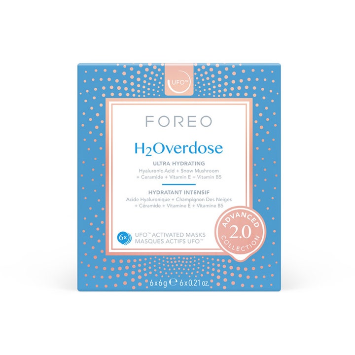 FOREO UFO H2Overdose 2.0 6 stk fuktighetsgivende ansiktsmaske med hyaluronsyre i blå eske med rosa mønster