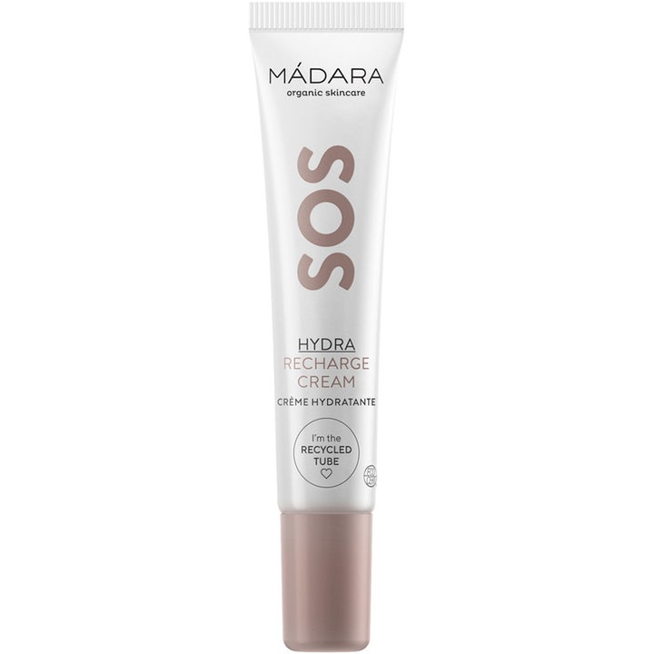 Mádara SOS Hydra Recharge Cream fuktighetsgivende ansiktskrem i hvit resirkulert tube med støvrosa kork.