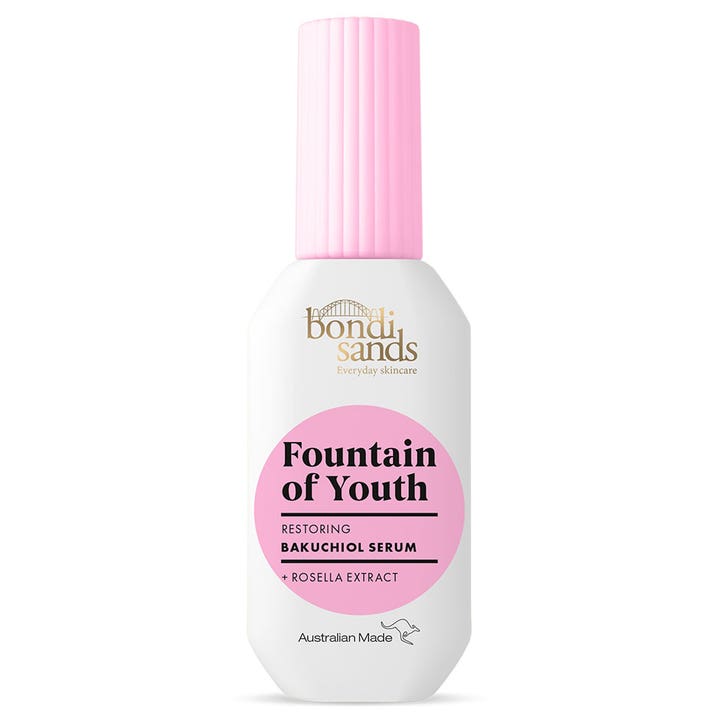 Bondi Sands Fountain of Youth Bakuchiol Serum gjenoppbyggende serum som gir glød i hvit flaske med rillet rosa kork.