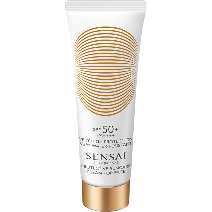 Sensai Silky Bronze Protective Suncare Cream For Face SPF 50+ vannfast ansiktssolkrem i hvit tube med gullfarget kork