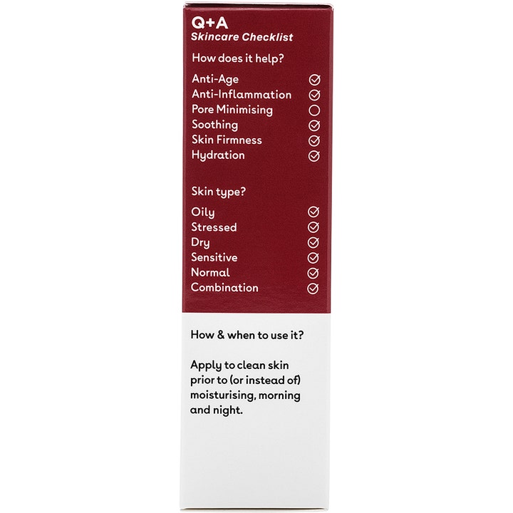 Q+A Hyaluronic Acid Facial Serum 30 ml fuktighetsgivende serum med oversikt over fordeler og bruksanvisning på esken.