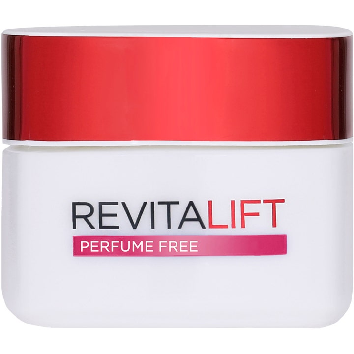 L'Oréal Paris Revitalift 50 ml anti-age dagkrem i hvit krukke med rødt lokk som reduserer rynker.