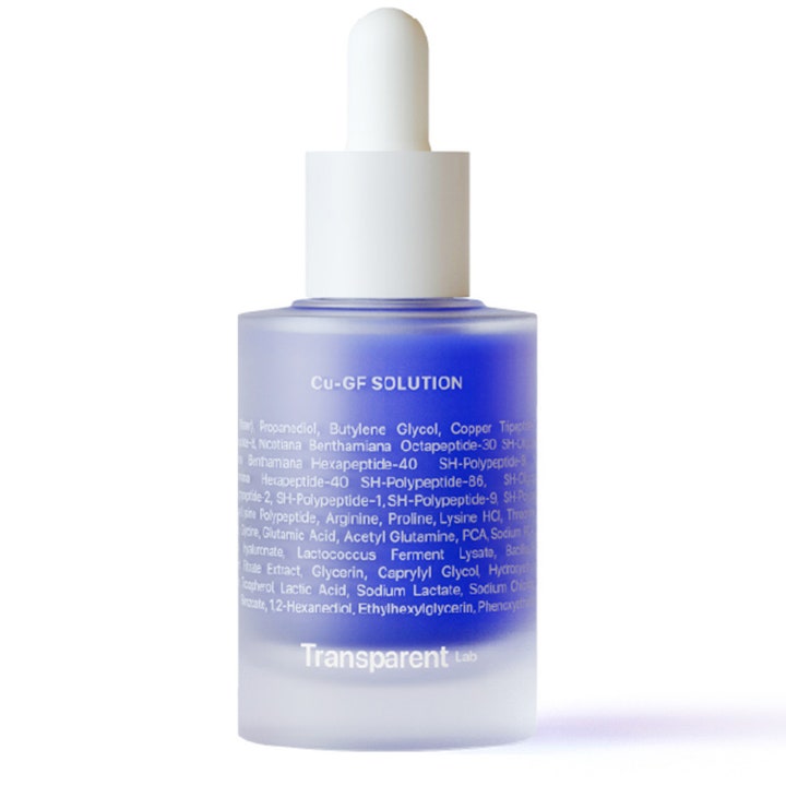 Transparent Lab Cu-GF Solution 30 ml anti-aging serum i en blå glassflaske med hvit pipette
