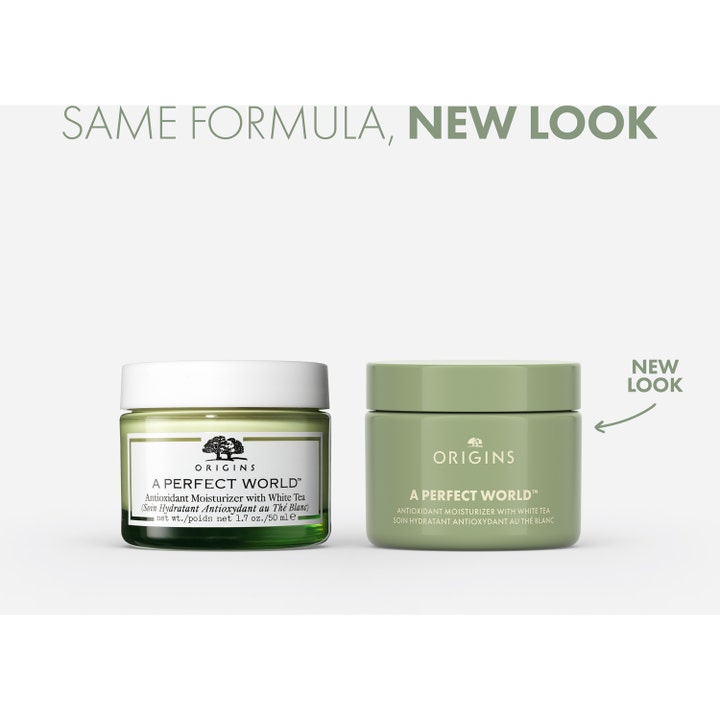 Origins A Perfect World 50 ml fuktighetskrem i gammel glasskrukke og ny grønn innpakning