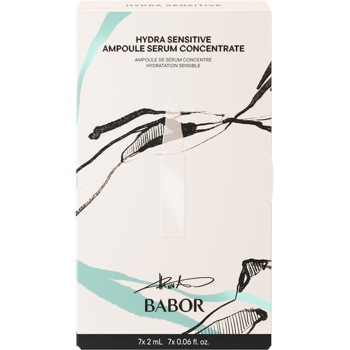 Babor Hydra Sensitive Ampoule Serum Concentrate 7x 2 ml beroligende serum i hvit eske med blå og svarte penselstrøk